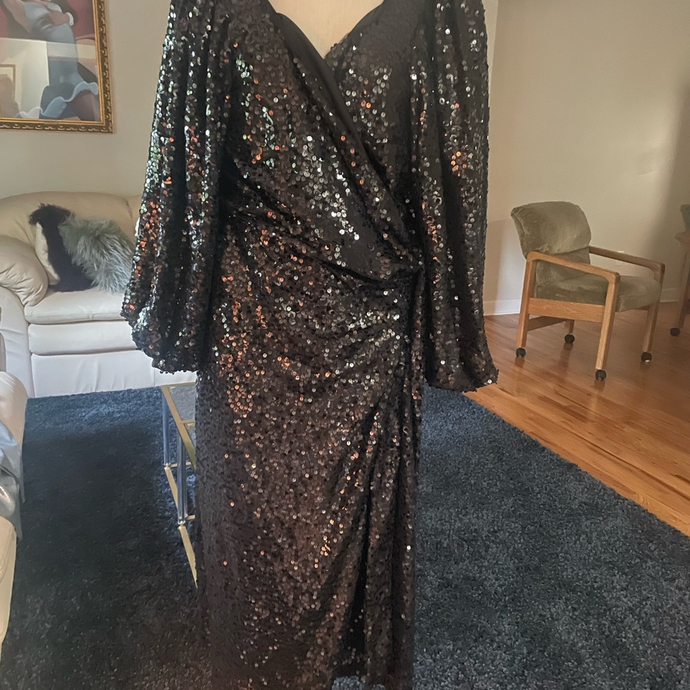 Eloquii Black Sequin Gown with V-neck and Dolman Sleeves